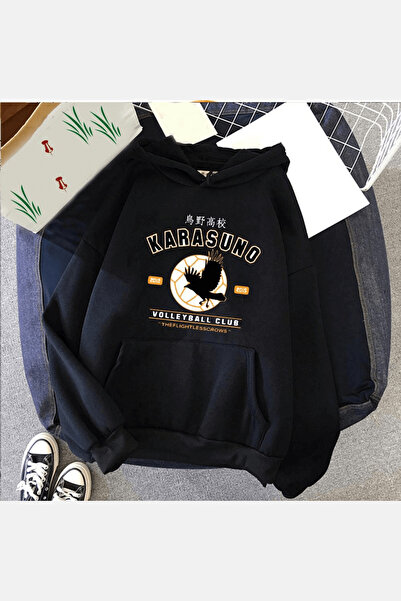 Harajuku Style Μαύρο Φούτερ με Κουκούλα Haikyuu Karasuno