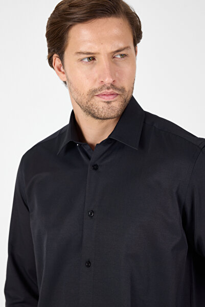 İmza Black Long Sleeve Hard Collar Pocketless Comfort Fit Cotton Shirt 1004250914