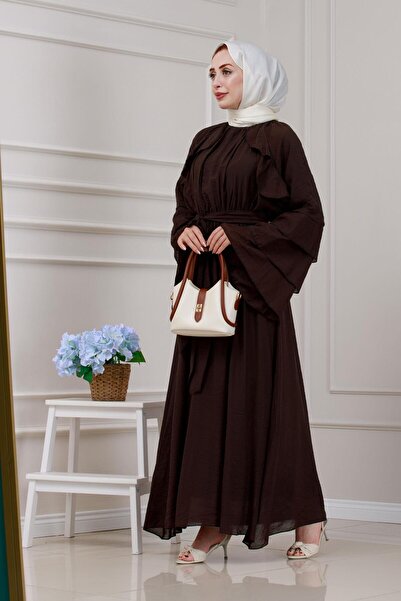 Sevitli Lora Dress with Ruffle Detail-Brown