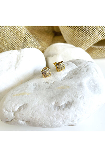 Casa D'or Jewelery Kare Yaylı Full Zirkon Taşlı Gold Renk Rodyum Kaplama Küpi...