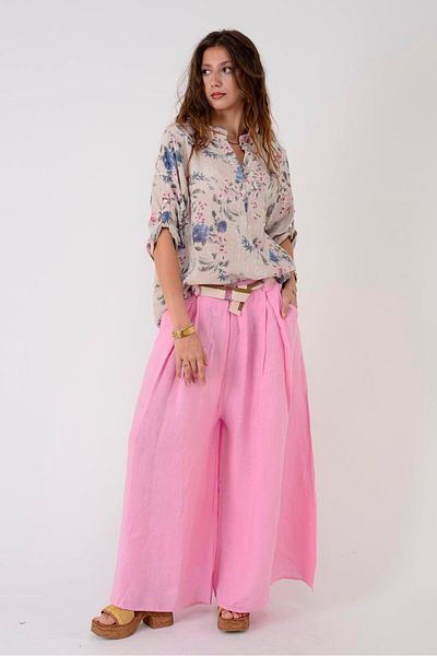 Park Moda 30522 Belt Detail Palazzo Wide Leg Linen Pants