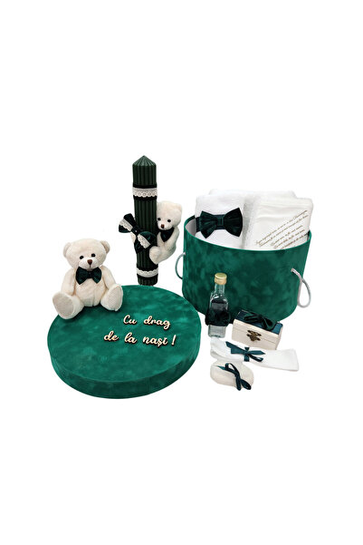 fantasialand Trusou botez in cutie cu Ursulet si lumanare botez, culoare verde