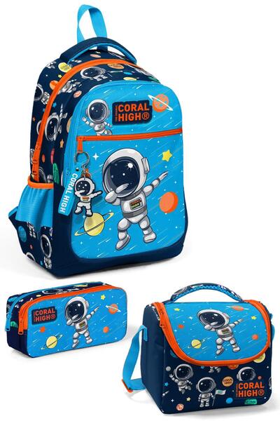 Coral High Navy Blue Astronaut Patterned 4-Piece School Bag Set for Boys Elementary School Bag