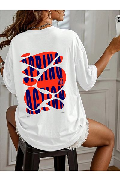 ELNOYA Unisex White Oversize "Spring Aktion" Printed Crew Neck Comfortable T-Shirt