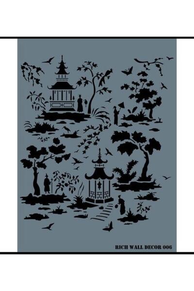 Atölyeizgi Rich Manzara ve Pagoda Desenli Dekoratif Stencil Şablon – 54x47 cm
