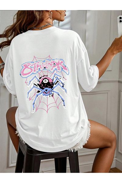 ELNOYA Unisex Cotton White Oversize "8 Spider" Printed Crew Neck Comfortable T-Shirt