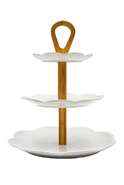 Generic BERAM 3-Tier Ceramic Fruit Basket, White Ceramic Plates, Bamboo Woode...