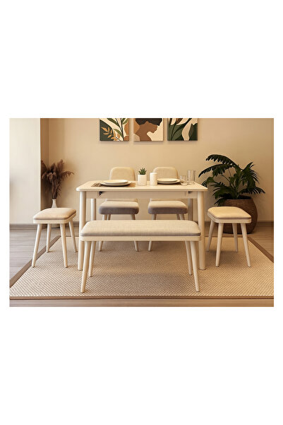 Rabi MİORA MİNİ AÇILIR MUTFAK MASA TAKIMI, KREM KREM ( 1 Masa + 2 Sandalye + 2 Tabure + 1 Bench )