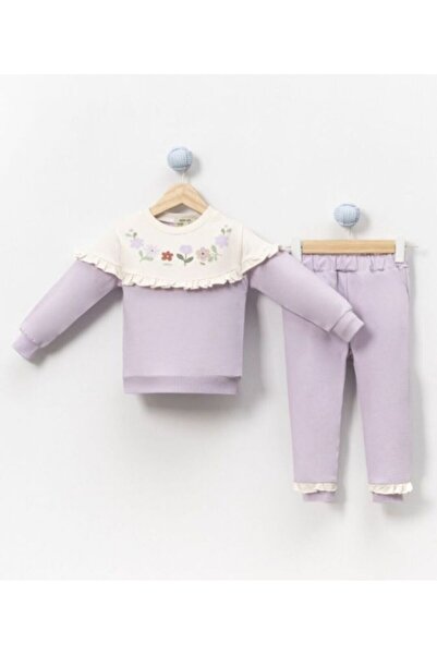 Overdo Çiçekli Yaka Detaylı Lila Alt Üst Kız Çocuk Takım