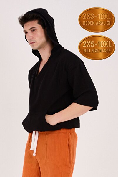 RELAXL Καλοκαιρινό μαύρο φούτερ από 100% βαμβακερή μουσελίνα με κουκούλα και τσέπη καγκουρό