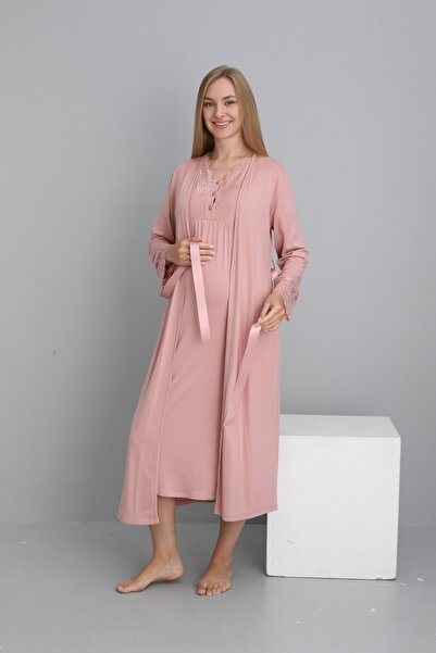 Miss Dünya Lissa Pudra Dantel Detaylı Sabahlıklı Emzirmeye Uygun Hamile ve Lohusa Pijama Takımı