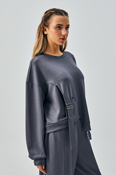 minaaise Women's Anthracite Modal Fabric Buckle Design Sweatshirt 28034-1