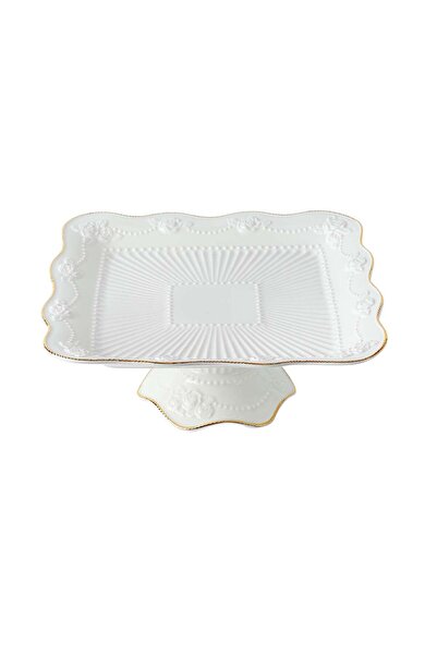 Generic LIFE SMILE White Cake Plate with Floral Gold Stand - Luxury Bone Chin...