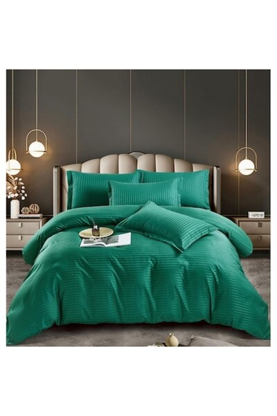 Casa Pucioasa Lenjerie de pat matrimonial Casa Pucioasa, 6 piese, Damasc, bumbac gros, cu elastic, culoare verde