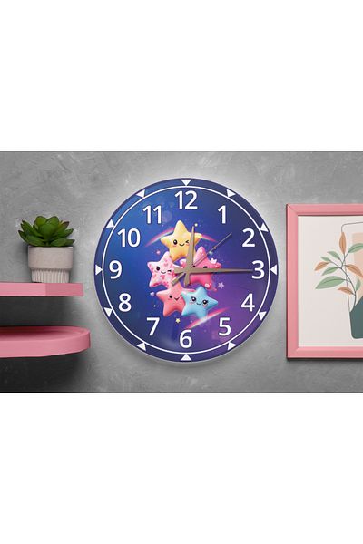 M&H Quality Cute Colorful Stars Patterned Silent Mechanism Wall Clock – Children's Room Decorative