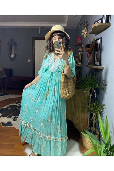 MODAGK Embroidery Detailed Lined Linen Helen Dress Turquoise