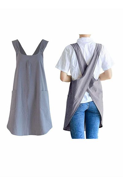 Generic KASTWAVE Soft Cotton Linen Apron Cross Back X-Shaped Japanese Style Pinafore Dress for Cooking, Hou