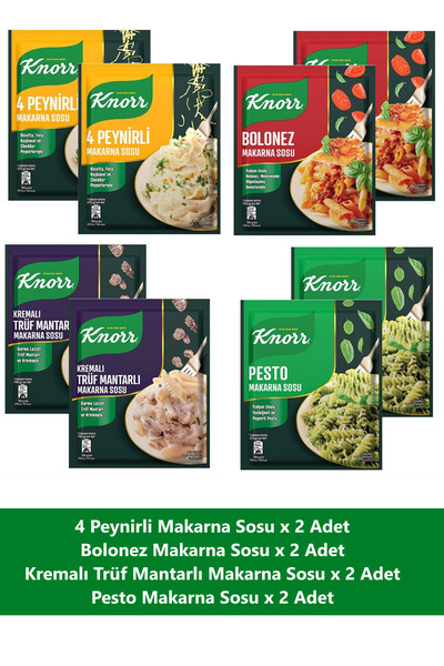 Knorr Makarna Sosu Seti x 8 Adet (Truf Mantarlı + Pesto + Bolonez + 4 Peynirli)
