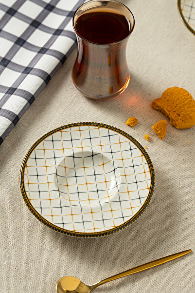 clasavm 18 Parça Royal Grid Çay Seti| Pasta Takımı - 6 Gold Çay Bardağı 6 Çay Tabağı 6 Pasta Tabağı