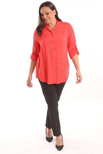 Metpoint Trend42Plus Large Size Stone Print Detailed Woven Coral Shirt