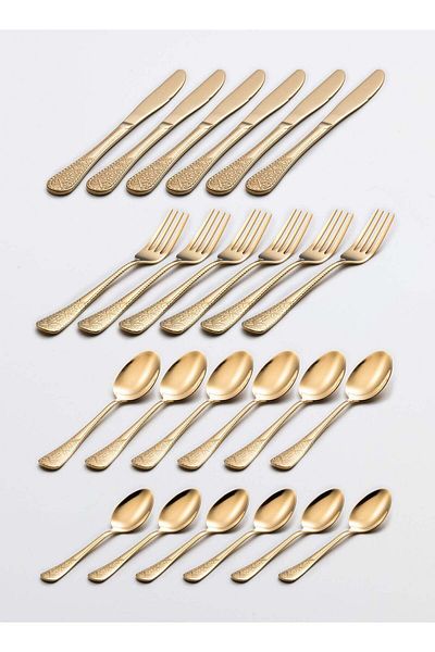 Generic Golden-colored Flatware Set for 24pcs Stainless Steel Dining Knife Spoons Forks Sets Decorative Pat