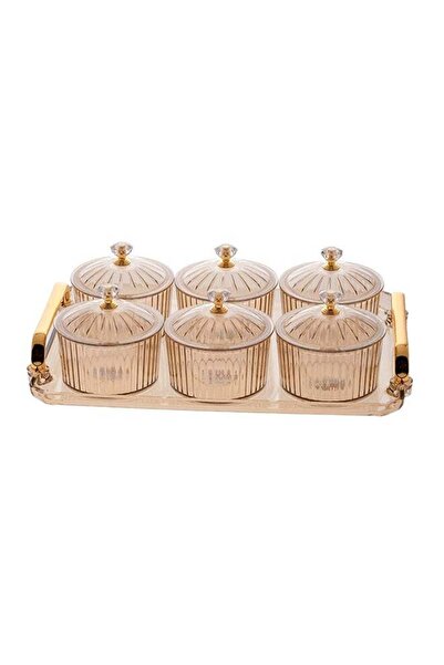 Generic 6-Piece Sugar Bowls Set With Tray Beige/Gold 30x22x2cm
