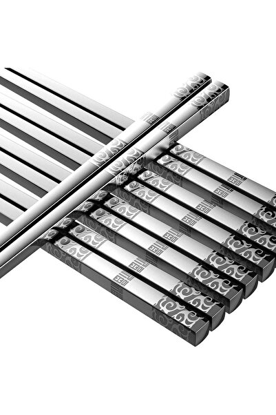 Generic 5 Pairs of Reusable Stainless Steel Chopsticks Set - Square Non-Slip Lightweight Dishwasher Safe Gi