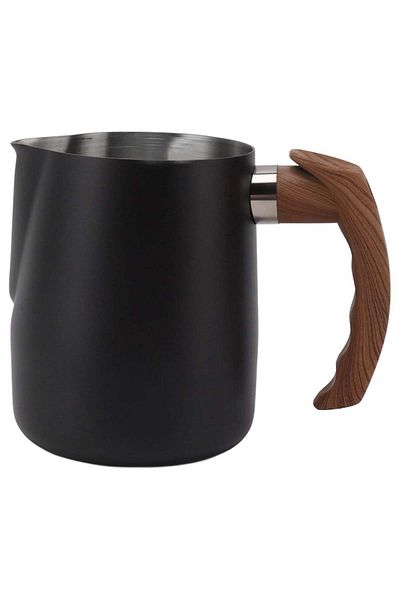 Generic Zorqon 1000ml Stainless Steel Milk Foam Pitcher with Wooden Handle, Flowered Cup, Pointed Spout, Gr