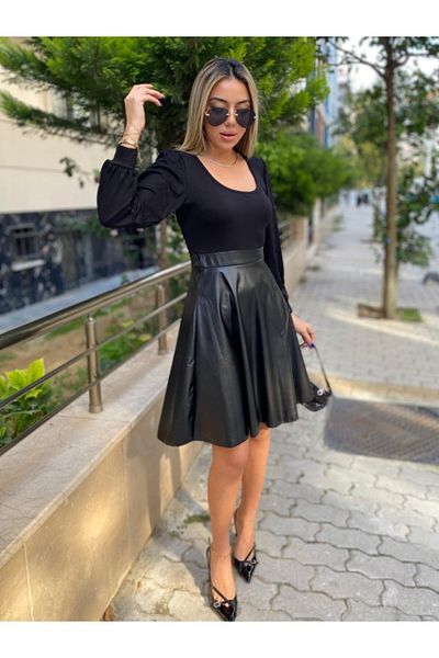 StilVibe Women's Night Black Long Sleeve Leather Detailed Mini Dress
