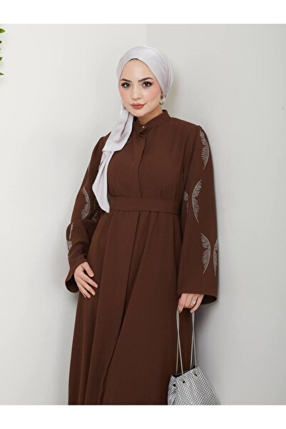 MODA Kelebek Ferace Taş Detaylı Kemerli Uzun