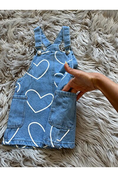Cyber Girl's Heart Patterned Denim Salopet