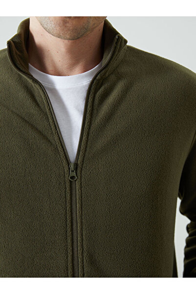 LC Waikiki Khaki Stand Collar Long Sleeve Fleece Men's Zippered Sweatshirt