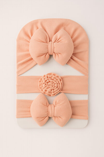 Bebekino 0-18 Ay Kız Bebek 3’lü Set – Fiyonklu Bone, Fiyonklu Saç Bandı, Güll...