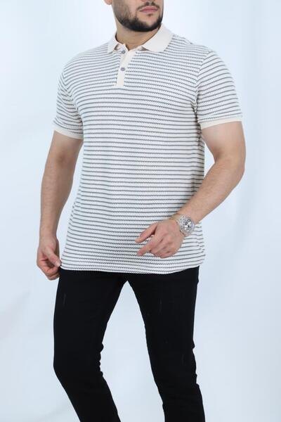 FREZZBİ Polo Collar Short Sleeve Striped Buttoned Men's Jacquard T-Shirt