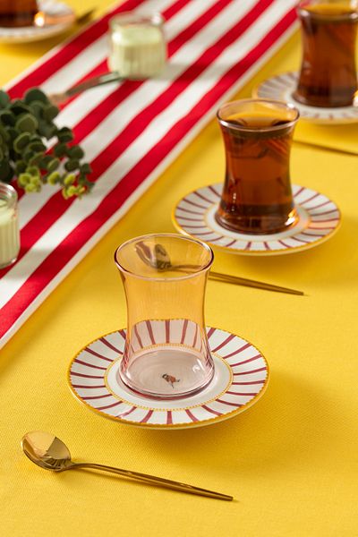 clasavm 12 Piece Pink Bird Pattern Tea Set 6 Tea Cups - 6 Tea Plates 12 Piece Tea Set