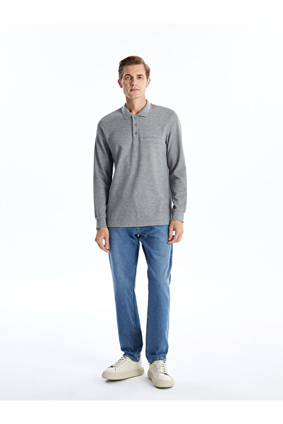 LC Waikiki Γκρι ανδρικό φούτερ με μακρυμάνικο γιακά πόλο