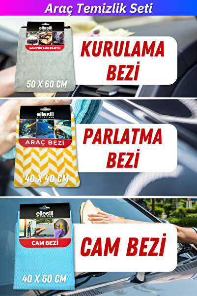 Ellesill Oto Yıkama Kurulama Bezi, Cila ve Parlatma Bezi, Cam Bezi | 3'lü Mik...