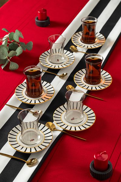 clasavm 12 Piece Black Bird Pattern Tea Set |   6 Cups - 6 Tea Saucers Luxury Tea Set