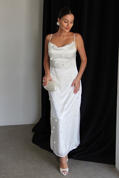 Julidress Екрю білий 3-вимірний квітковий декор, декорований комір, середньої довжини, преміум сатинова сукня