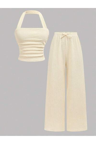 meren like your style μπεζ φαρδύ λουράκι φαρδύ παντελόνι pantplpn κάτω επάνω σετ