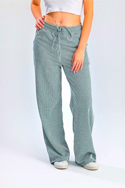 Green Hill Yeşil-Beyaz Çizgili Su Yolu Geniş Paça Eşofman Altı