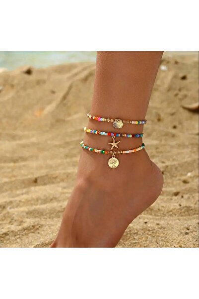 STEELVA خلخال الكاحل بثلاثة نجوم البحر وزهرة الحياة والأصداف البحرية