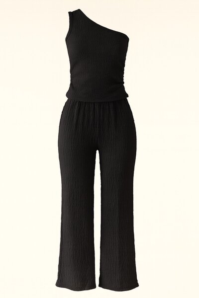 HAKKE One Shoulder Seersucker Pants Crop Double Set