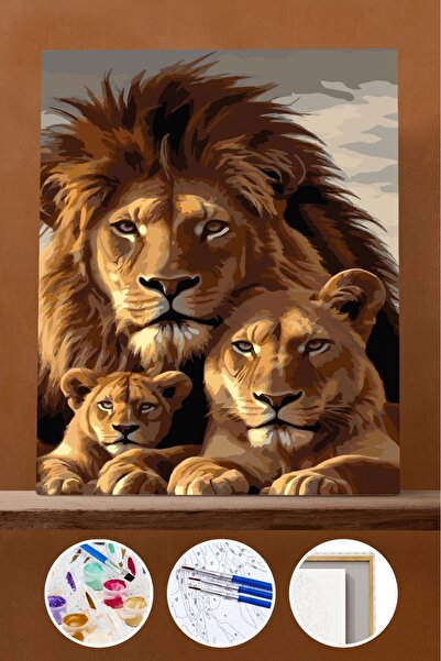Pastelya Sayılarla Boyama Seti Çerçeveli Kasnaklı Aslan Ailesi 2 50x65 cm ky1896