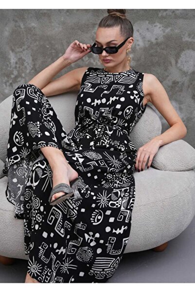 MADAMMERY Women's Jumpsuit Patterned Sleeveless Belted Comfortable Fit Long Jumpsuit