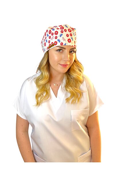 Cotton Poplin Surgical Bonnet Red Blue Daisy Patterned and Adjustable | Hospital and Cooking Bonnet
