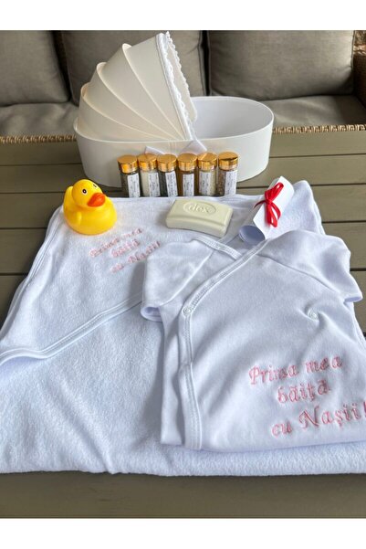 Botez Set pentru prima baita pentru fetita cu prosop si body maneca lunga