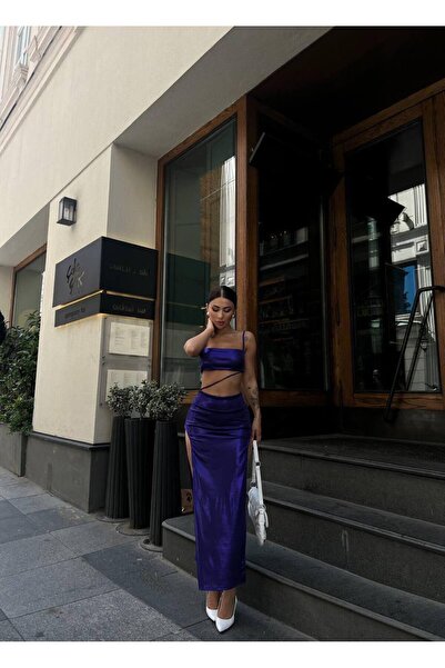 Miss Beyoğlu فستان ساندي فول قماش قابل للتمدد من القماش غير المتماثل شق ذو تن...