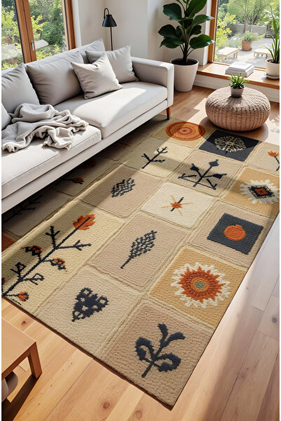 MUN HOME Dijital Baskılı Halı modern Desenli vintage bej krem el dokuma görün...