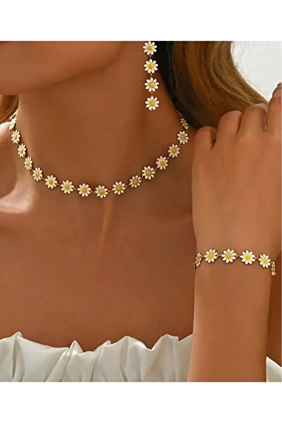 renery 3lü Set Kolye Bileklik Küpe Çelik Papatya Model Şık Tasarım 3lü Şık Tr...